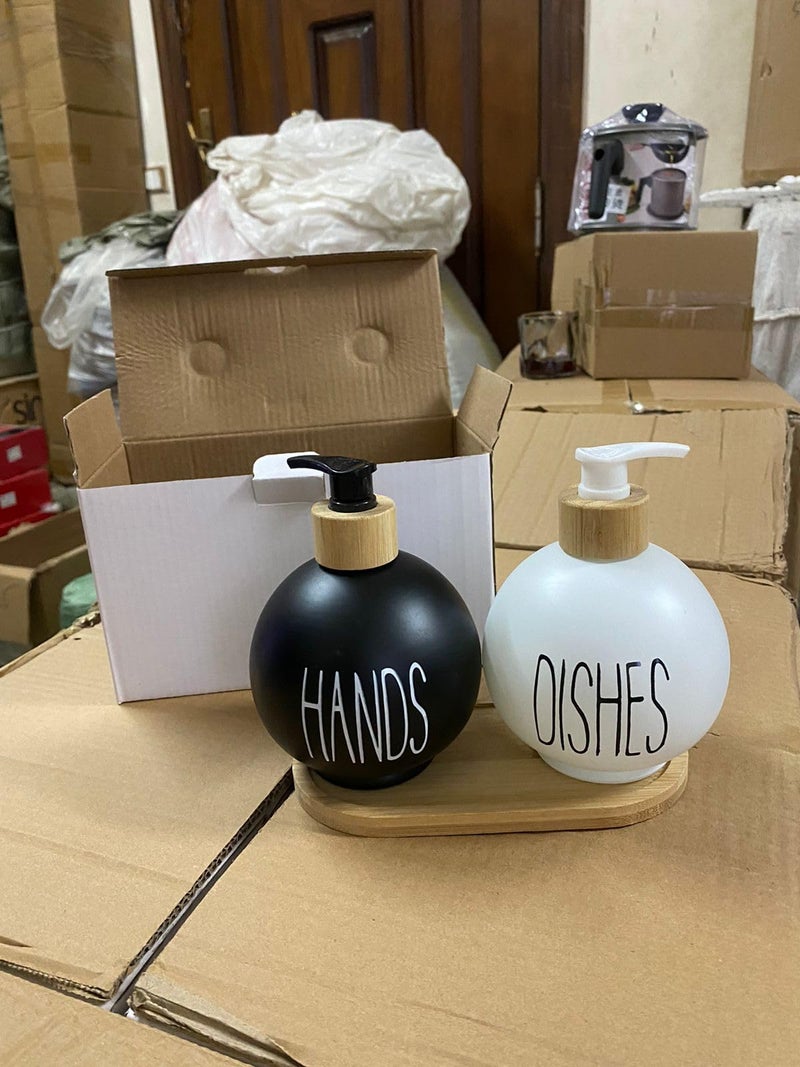 Hands and Dishes Soap Dispenser Set with Bamboo Tray – Black & White Bottles for Kitchen Sink, Dish Soap, Hand Wash & Lotion