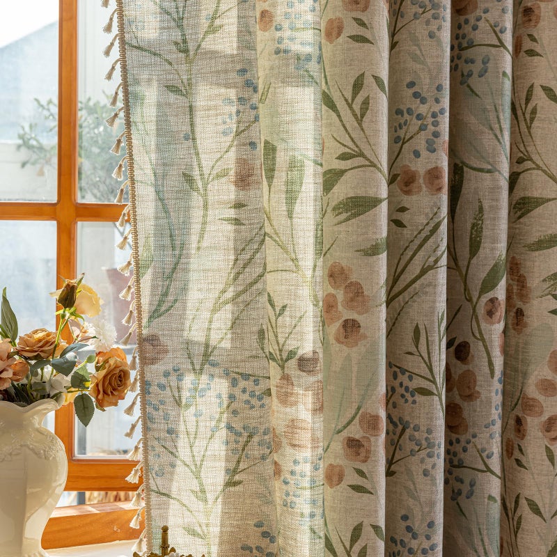 ENJOYBRIDAL Floral Curtains 63 Inch Long Bedroom Decor Drapes Short Semi Sheer Rod Pocket Living Room Window Curtain Panels Light Filtering Boho 4 Panels Tassel Vintage Window Treatments - Image 5