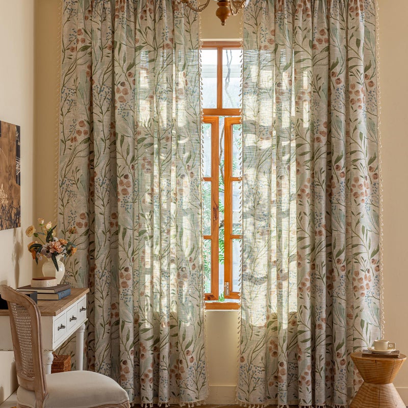 ENJOYBRIDAL Floral Curtains 63 Inch Long Bedroom Decor Drapes Short Semi Sheer Rod Pocket Living Room Window Curtain Panels Light Filtering Boho 4 Panels Tassel Vintage Window Treatments - Image 1