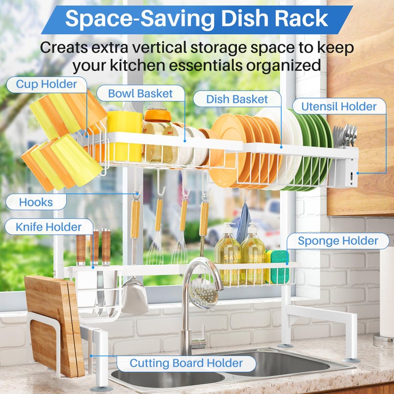 SNTD Over The Sink Dish Drying Rack - Adjustable Dish Rack for Kitchen Counter, Metal (White) - Image 2