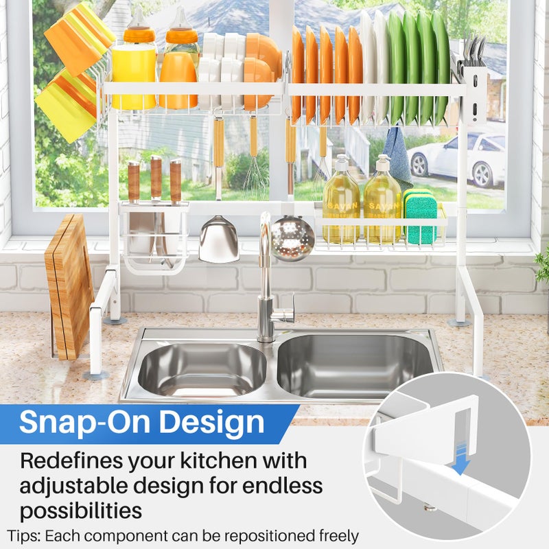SNTD Over The Sink Dish Drying Rack - Adjustable Dish Rack for Kitchen Counter, Metal (White) - Image 5