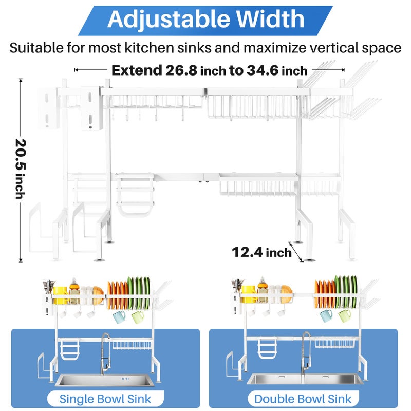 SNTD Over The Sink Dish Drying Rack - Adjustable Dish Rack for Kitchen Counter, Metal (White) - Image 3