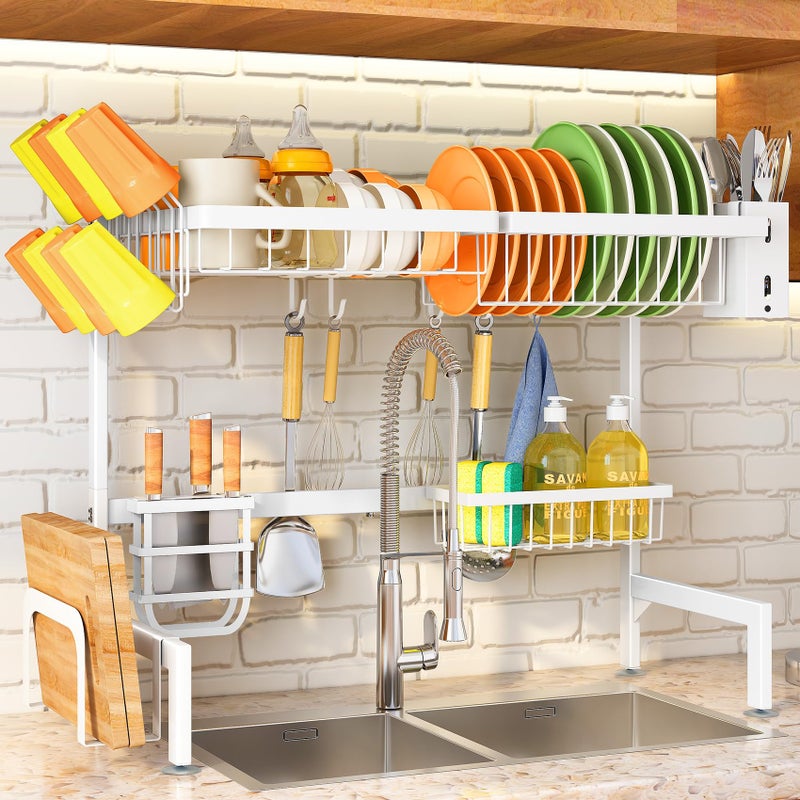 SNTD Over The Sink Dish Drying Rack - Adjustable Dish Rack for Kitchen Counter, Metal (White) - Image 1