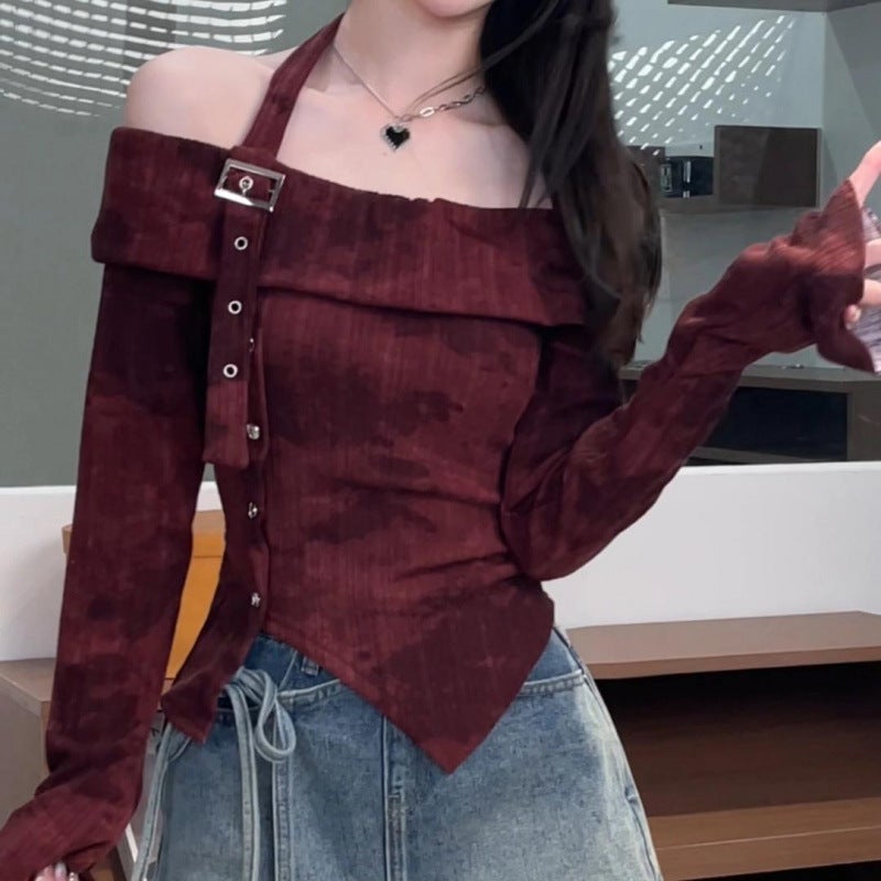 Early Spring New Design One-Shoulder Tie-Dye Long-Sleeved Waist-Covering Slimming Look Sweet Style Top Dm6500 - Image 3