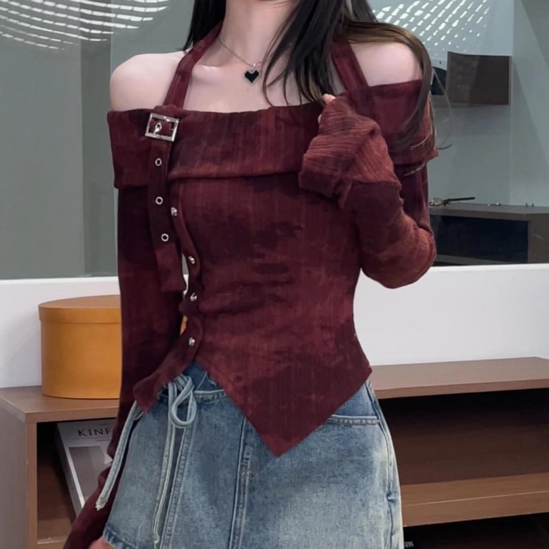 Early Spring New Design One-Shoulder Tie-Dye Long-Sleeved Waist-Covering Slimming Look Sweet Style Top Dm6500 - Image 2