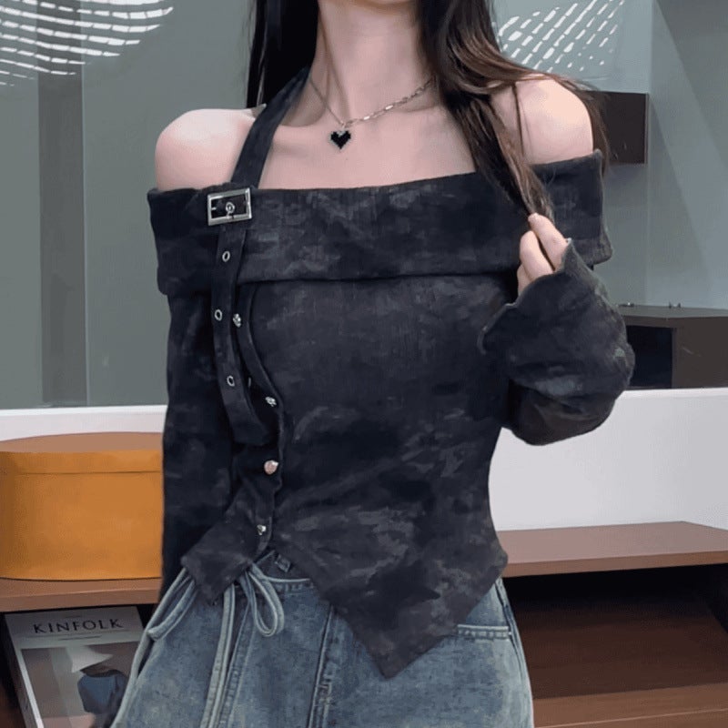 Early Spring New Design One-Shoulder Tie-Dye Long-Sleeved Waist-Covering Slimming Look Sweet Style Top Dm6500 - Image 1