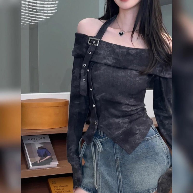 Early Spring New Design One-Shoulder Tie-Dye Long-Sleeved Waist-Covering Slimming Look Sweet Style Top Dm6500 - Image 4