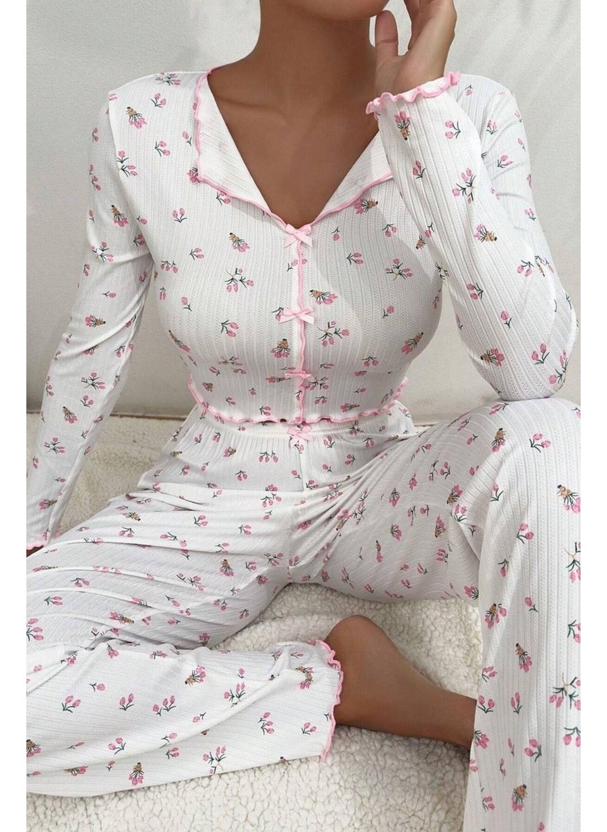 Bella Notte V Neck Printed Bow Detail Long Pajama Set  - Image 1