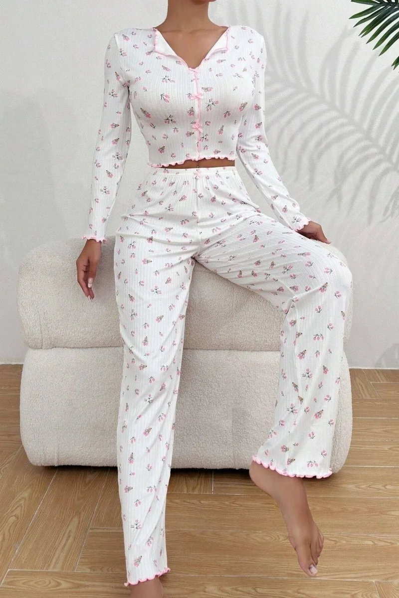 Bella Notte V Neck Printed Bow Detail Long Pajama Set