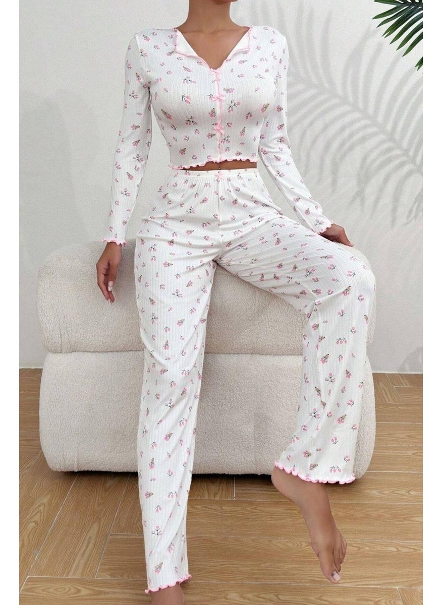 Bella Notte V Neck Printed Bow Detail Long Pajama Set  - Image 3