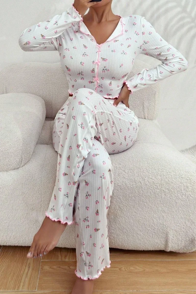 Bella Notte V Neck Printed Bow Detail Long Pajama Set