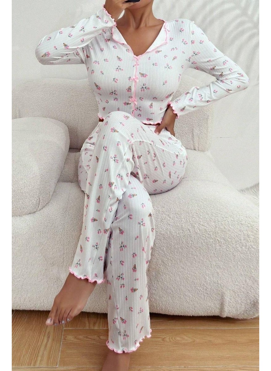 Bella Notte V Neck Printed Bow Detail Long Pajama Set  - Image 4