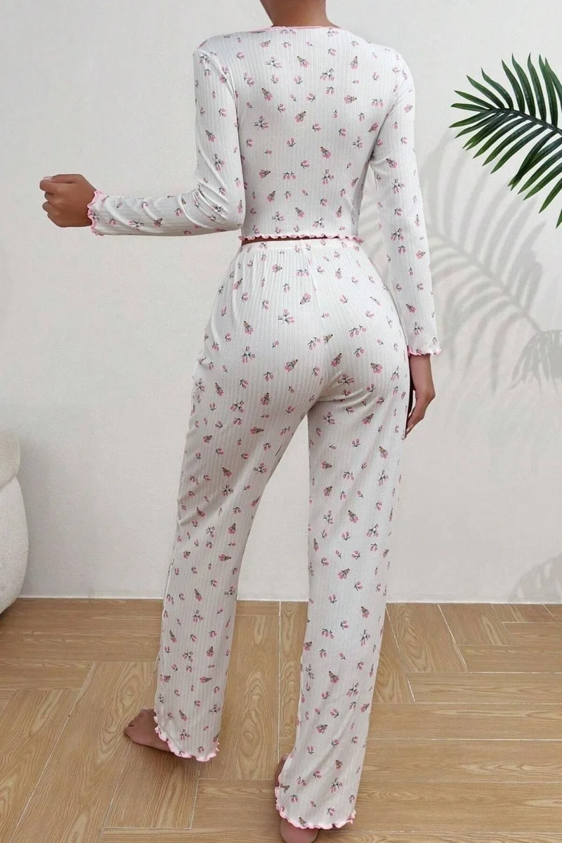 Bella Notte V Neck Printed Bow Detail Long Pajama Set