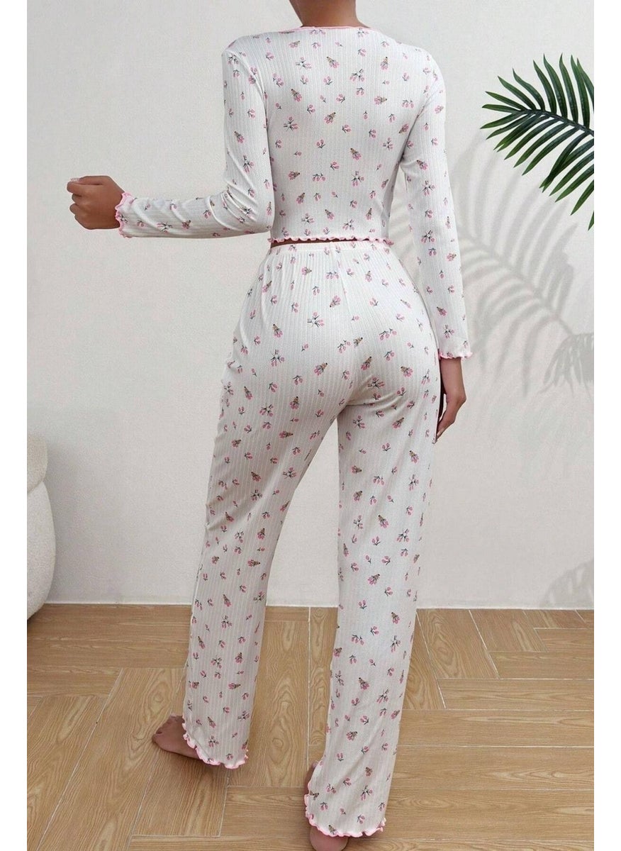 Bella Notte V Neck Printed Bow Detail Long Pajama Set  - Image 5