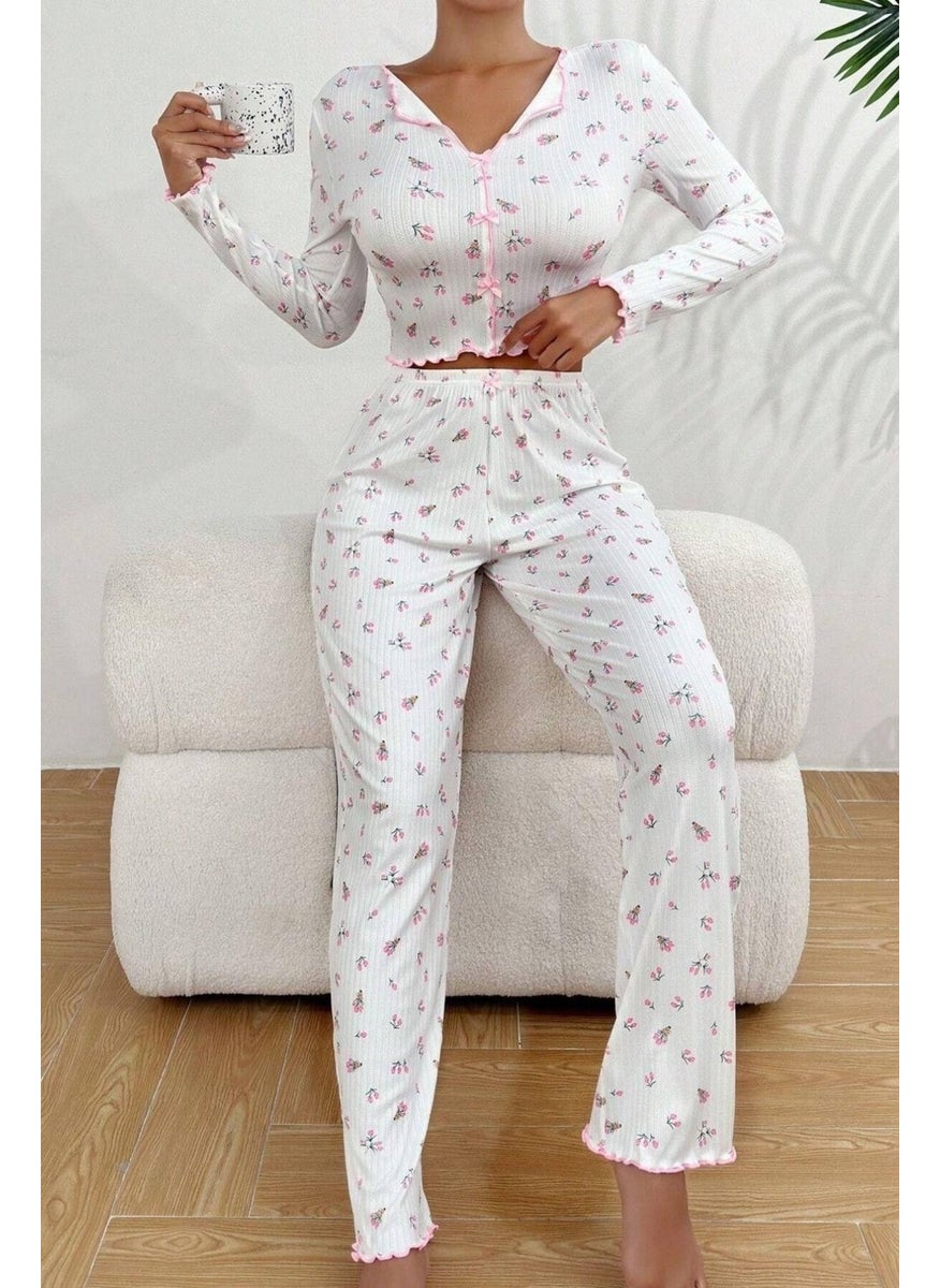 V Neck Printed Bow Detail Long Pajama Set - pzsku/Z0D6F34C1913F15223406Z/45/_/1740652495/58a6148d-0fe6-469c-9343-7cae217cb261