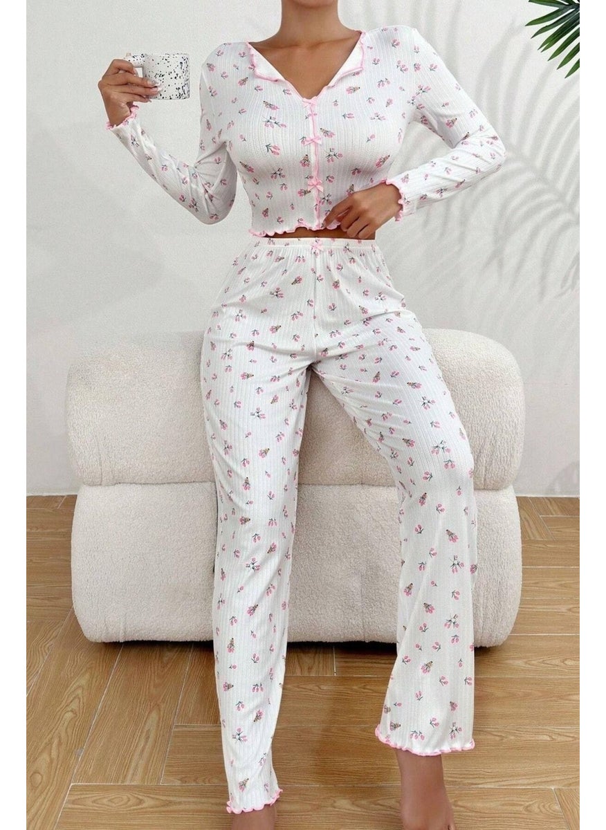 Bella Notte V Neck Printed Bow Detail Long Pajama Set  - Image 2