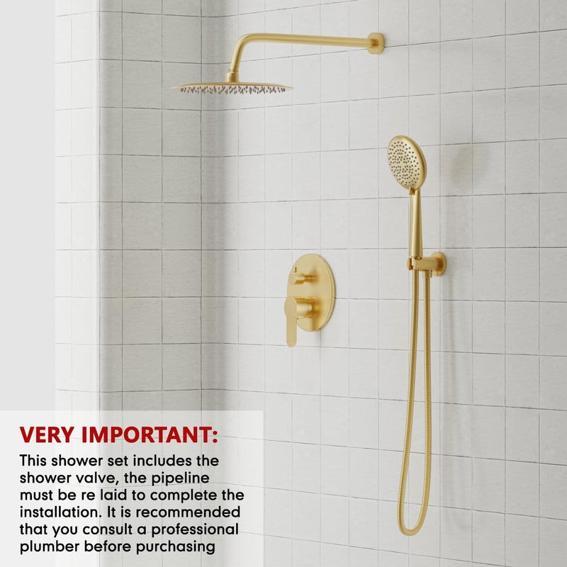Gabrylly Gold Shower Head System, Shower Faucet Set with Pressure Balance Shower Valve, 10 Inch Shower Heads with 5-Setting handheld Spray Combo, High Pressure Shower Fixtures, Brushed Gold - Image 3