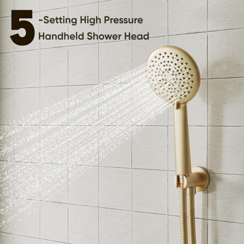 Gabrylly Gold Shower Head System, Shower Faucet Set with Pressure Balance Shower Valve, 10 Inch Shower Heads with 5-Setting handheld Spray Combo, High Pressure Shower Fixtures, Brushed Gold - Image 5