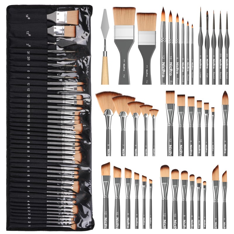 Nicpro 40 PCS Paint Brush Set, Professional Acrylic Paint Brushes with Palette Knife and Canvas Roll, Suitable for Acrylic Painting, Oil, Watercolor, Gouache, Art Supplies Painter Gifts for Artist - Image 1
