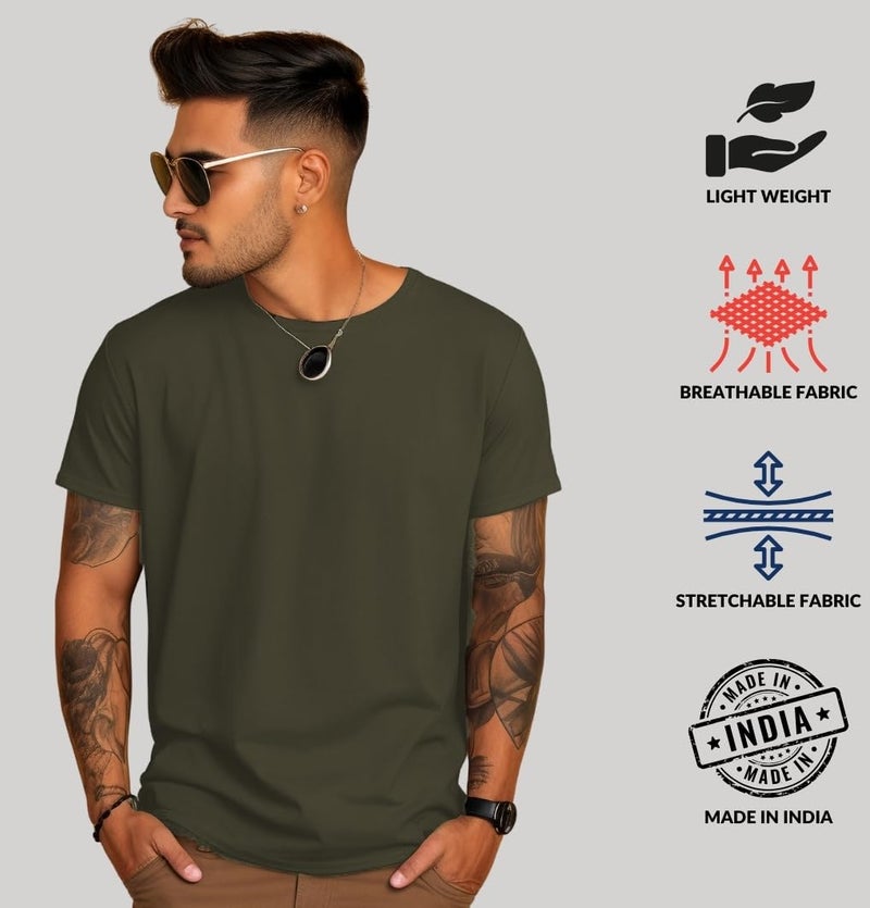 ADRO Men's Solid Regular Fit T-Shirt (RCM2-PLN-OL-BE_Olive,Beige - Image 2