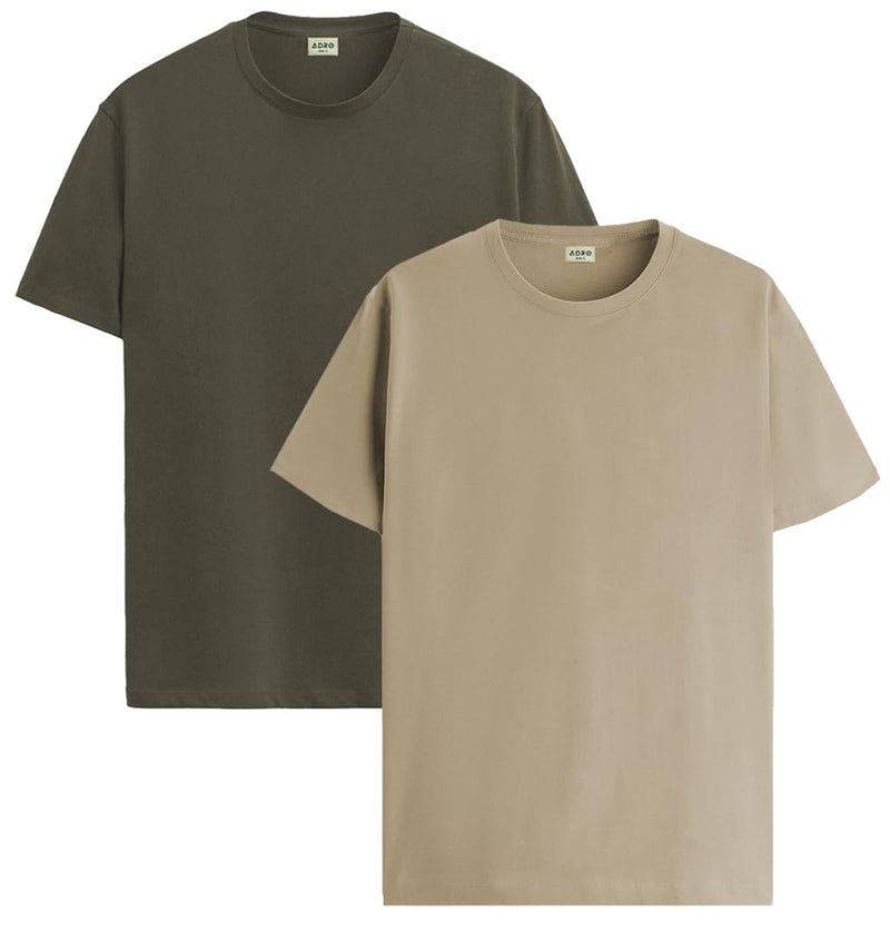 ADRO Men's Solid Regular Fit T-Shirt (RCM2-PLN-OL-BE_Olive,Beige - Image 1