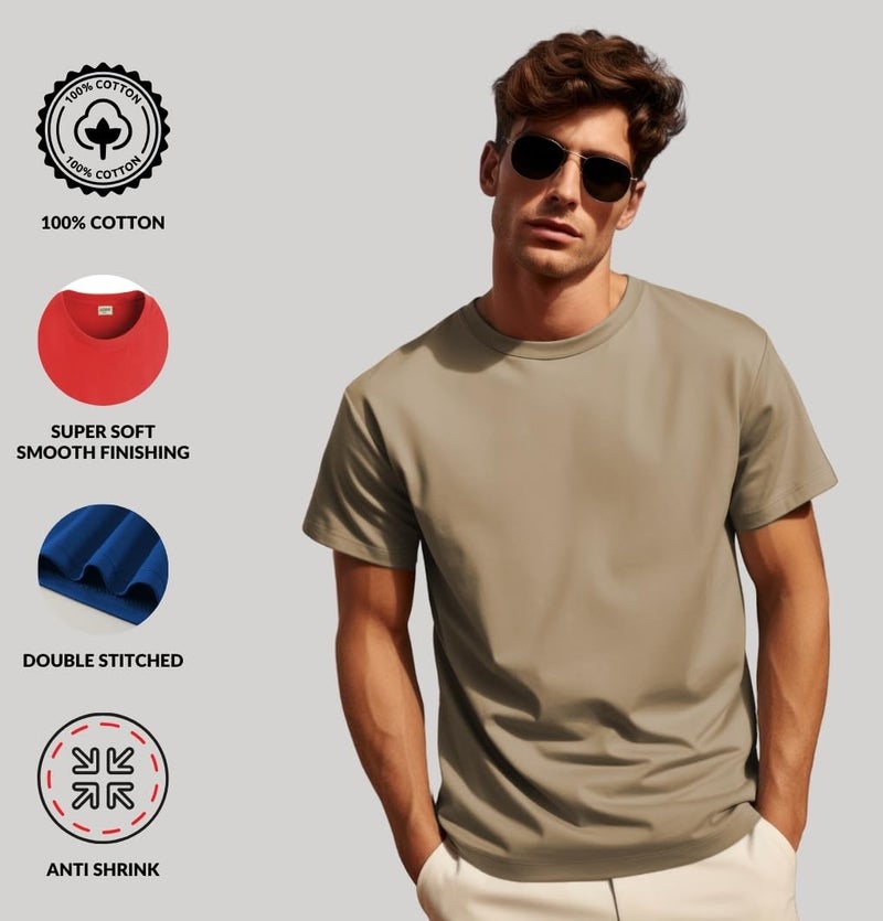 ADRO Men's Solid Regular Fit T-Shirt (RCM2-PLN-OL-BE_Olive,Beige - Image 3