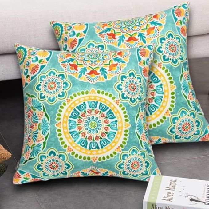 FUNHOME Outdoor Pillow Covers ONLY, No Insert! Pack of 2 Square Throw Pillow Covers, Decorative Water-Repellent Modern Cushion Cases for Sofa Patio Couch Decoration 18 x 18 Inch-Cyan Circle - Image 1