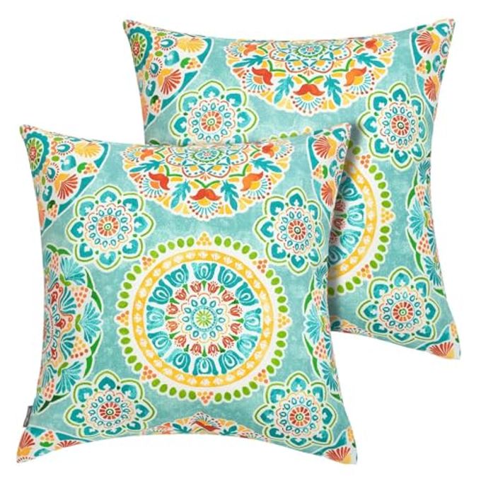 FUNHOME Outdoor Pillow Covers ONLY, No Insert! Pack of 2 Square Throw Pillow Covers, Decorative Water-Repellent Modern Cushion Cases for Sofa Patio Couch Decoration 18 x 18 Inch-Cyan Circle - Image 3