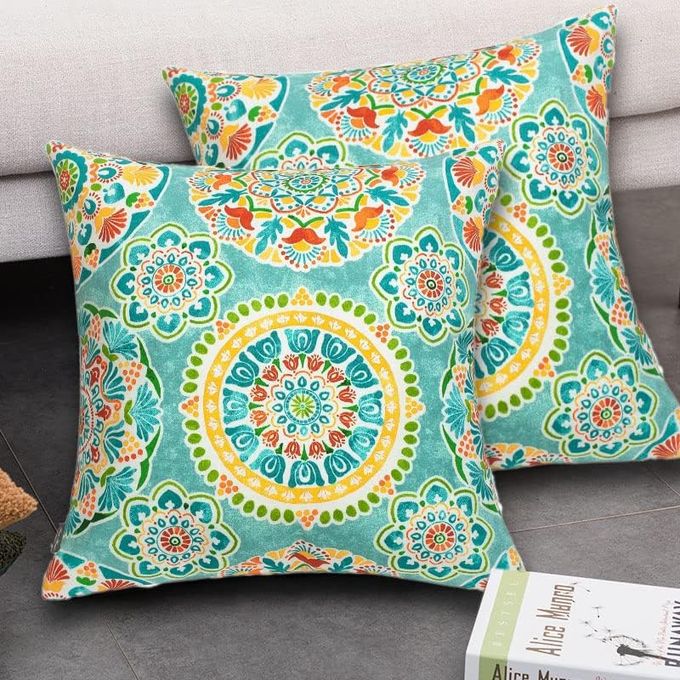 FUNHOME Outdoor Pillow Covers ONLY, No Insert! Pack of 2 Square Throw Pillow Covers, Decorative Water-Repellent Modern Cushion Cases for Sofa Patio Couch Decoration 18 x 18 Inch-Cyan Circle - Image 5