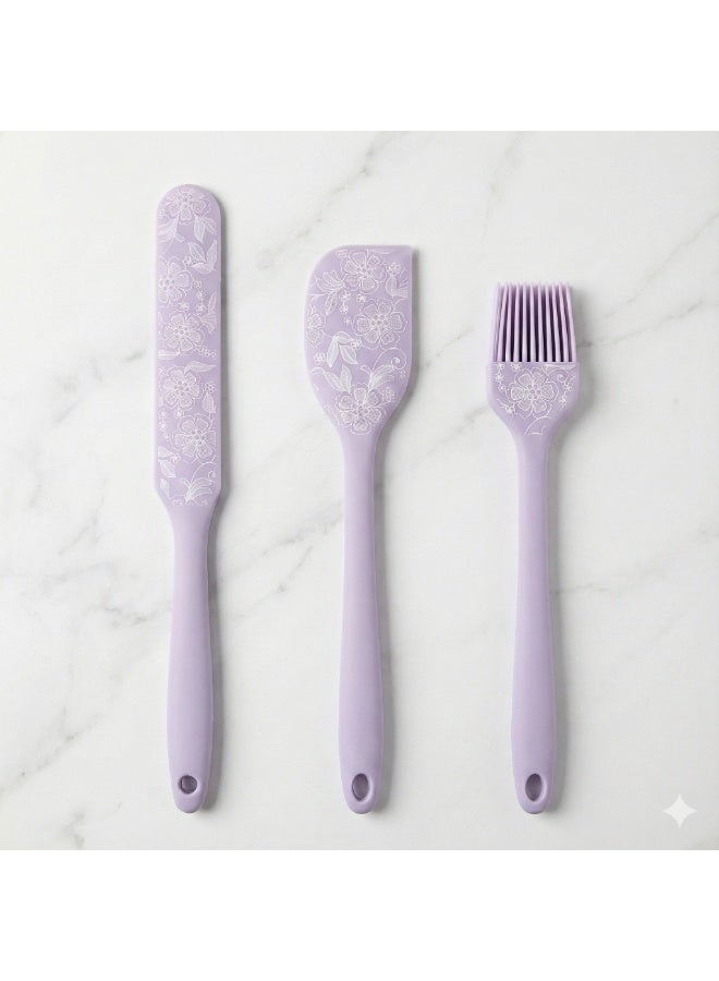3 Piece Silicone Kitchen Tools Set, Pastry Brush, Spatula and Cake Spreader, Baking and Dessert Tools for Dough Preparation, Cream Spreading and Mixing -Purple - Image 2