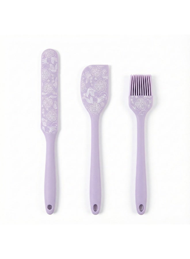 3 Piece Silicone Kitchen Tools Set, Pastry Brush, Spatula and Cake Spreader, Baking and Dessert Tools for Dough Preparation, Cream Spreading and Mixing -Purple - Image 1