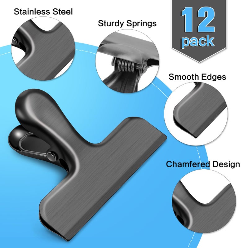 WUDIME 12 Pack Stainless Steel Chip Clips, Bag Clips for Food, Heavy Duty Chip Bag Clip for Kitchen and Office to Seal Coffee Bags, Paper Sheets, Metal Clip Air Tight Seal-3 Inches(Black) - Image 3