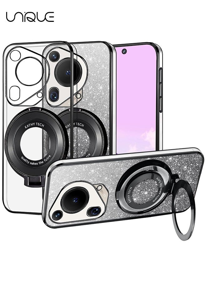 Unique For Huawei Huawei Pura 70 Ultra Phone Case - [Compatible with MagSafe] Clear Magnetic Glitter for Women Men Cute Bling Cover - Huawei Pura 70 Ultra Phone Case Silicone Slim with Stand Ring (Black)  - Image 1