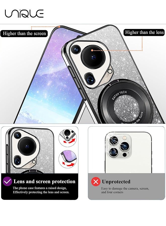 Unique For Huawei Huawei Pura 70 Ultra Phone Case - [Compatible with MagSafe] Clear Magnetic Glitter for Women Men Cute Bling Cover - Huawei Pura 70 Ultra Phone Case Silicone Slim with Stand Ring (Black)  - Image 2