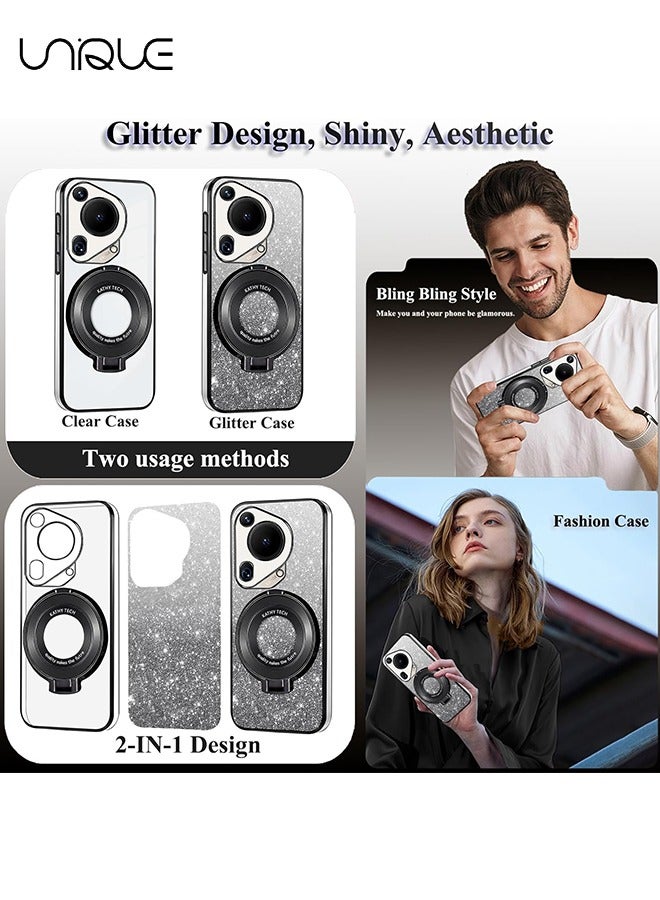 Unique For Huawei Huawei Pura 70 Ultra Phone Case - [Compatible with MagSafe] Clear Magnetic Glitter for Women Men Cute Bling Cover - Huawei Pura 70 Ultra Phone Case Silicone Slim with Stand Ring (Black)  - Image 3
