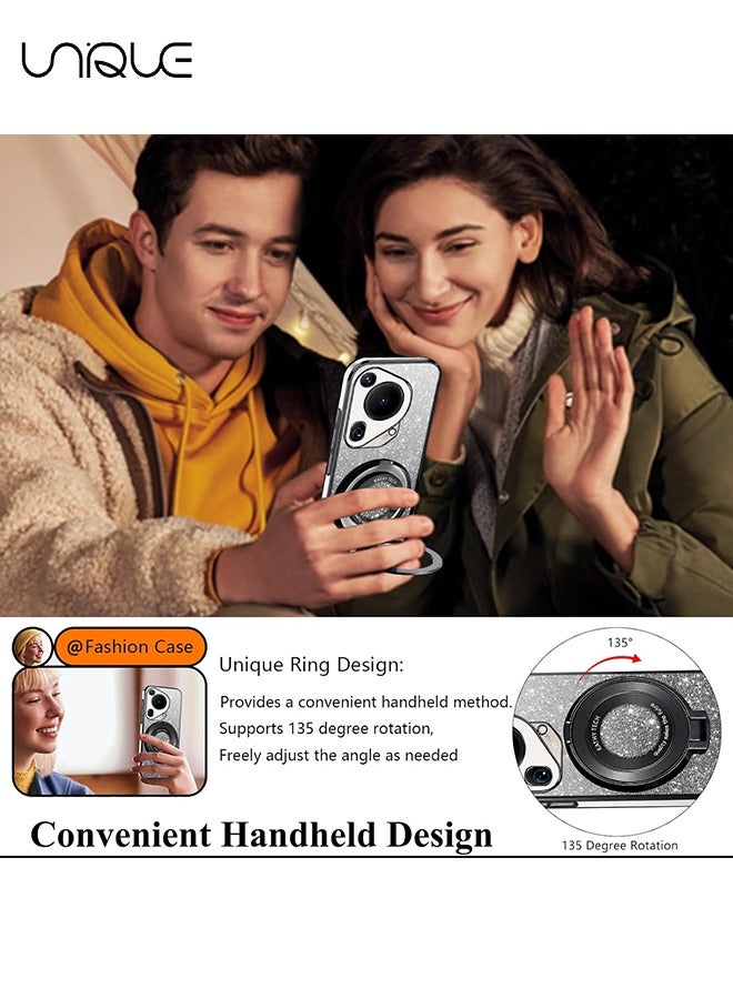 Unique For Huawei Huawei Pura 70 Ultra Phone Case - [Compatible with MagSafe] Clear Magnetic Glitter for Women Men Cute Bling Cover - Huawei Pura 70 Ultra Phone Case Silicone Slim with Stand Ring (Black)  - Image 4
