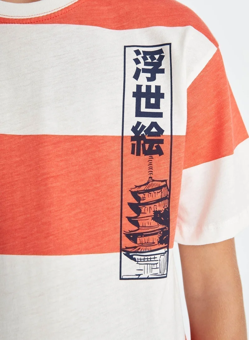 ديفاكتو تيشيرت قصير بأكمام قصيرة مخططة بياقة دائرية