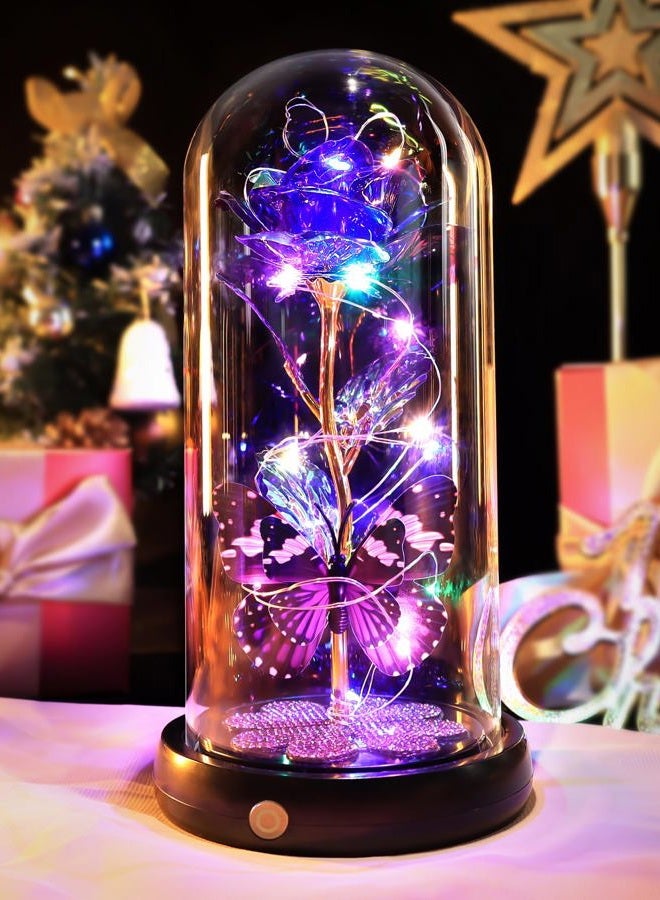 Pusuny Birthday Gifts for Women Mom, Rechargeable Galaxy Glass Rose Light Up Rose in Glass Dome Crystal Flower Butterfly Gift Anniversary Mothers Day Christmas Roses Gifts for Her Wife Sister Friends Purple - Image 1