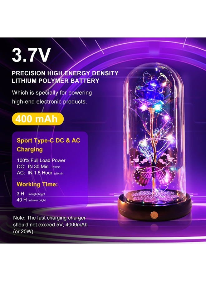 Pusuny Birthday Gifts for Women Mom, Rechargeable Galaxy Glass Rose Light Up Rose in Glass Dome Crystal Flower Butterfly Gift Anniversary Mothers Day Christmas Roses Gifts for Her Wife Sister Friends Purple - Image 2