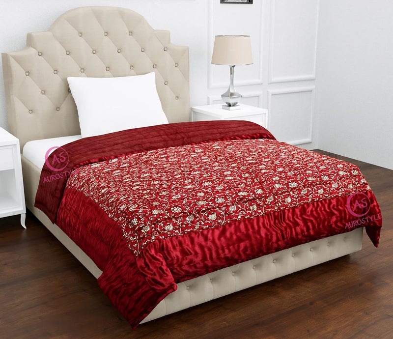 AUROSTYLE بطانية دوهر من الحرير الناعم القطني المملوءة من أوروستايل بتصميم زهور لطيف 85x55 بوصة مارون2 طباعة جال لسرير مفرد - Image 2