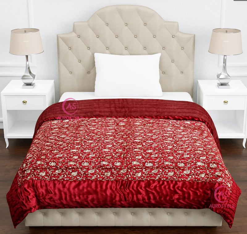 AUROSTYLE بطانية دوهر من الحرير الناعم القطني المملوءة من أوروستايل بتصميم زهور لطيف 85x55 بوصة مارون2 طباعة جال لسرير مفرد - Image 4