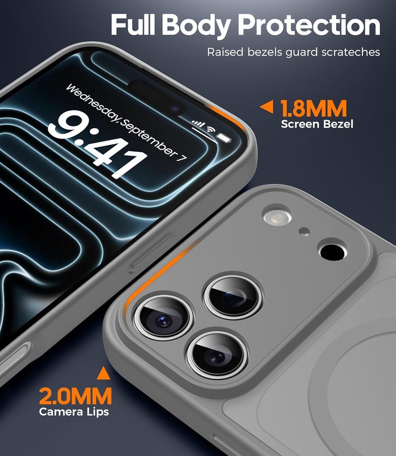 Elzzi حافظة مغناطيسية لجهاز آيفون 17 برو ماكس (متوافقة مع ماغسيف) (مع حماية عدسة الكاميرا) رقيقة شفافة غير لامعة مضادة للصدمات مع حماية ضد بصمات الأصابع، رمادي - Image 2