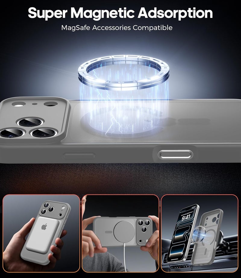 Elzzi حافظة مغناطيسية لجهاز آيفون 17 برو ماكس (متوافقة مع ماغسيف) (مع حماية عدسة الكاميرا) رقيقة شفافة غير لامعة مضادة للصدمات مع حماية ضد بصمات الأصابع، رمادي - Image 5