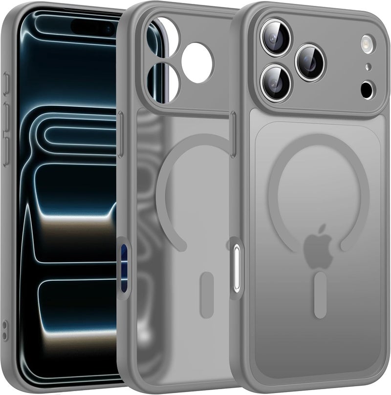 Elzzi حافظة مغناطيسية لجهاز آيفون 17 برو ماكس (متوافقة مع ماغسيف) (مع حماية عدسة الكاميرا) رقيقة شفافة غير لامعة مضادة للصدمات مع حماية ضد بصمات الأصابع، رمادي - Image 1