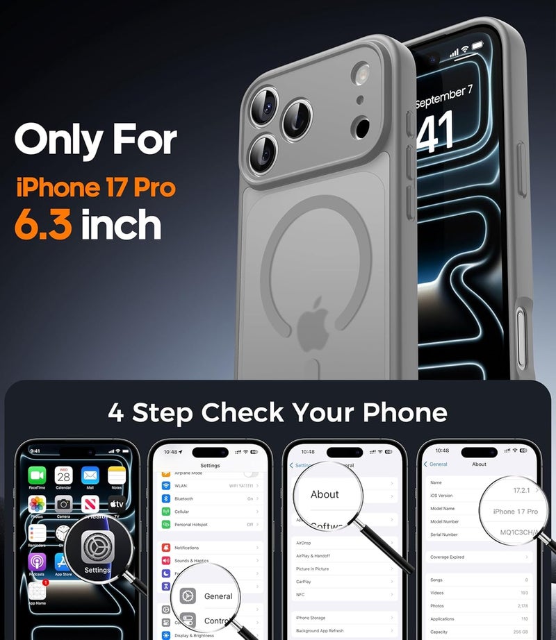 Elzzi حافظة مغناطيسية لجهاز آيفون 17 برو ماكس (متوافقة مع ماغسيف) (مع حماية عدسة الكاميرا) رقيقة شفافة غير لامعة مضادة للصدمات مع حماية ضد بصمات الأصابع، رمادي - Image 4