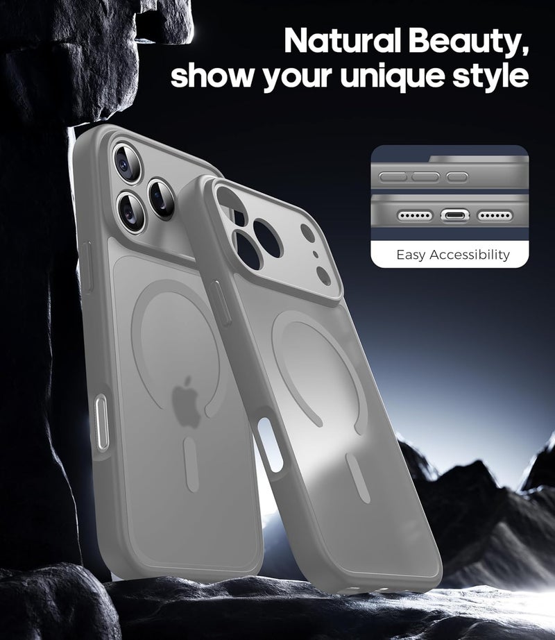 Elzzi حافظة مغناطيسية لجهاز آيفون 17 برو ماكس (متوافقة مع ماغسيف) (مع حماية عدسة الكاميرا) رقيقة شفافة غير لامعة مضادة للصدمات مع حماية ضد بصمات الأصابع، رمادي - Image 3