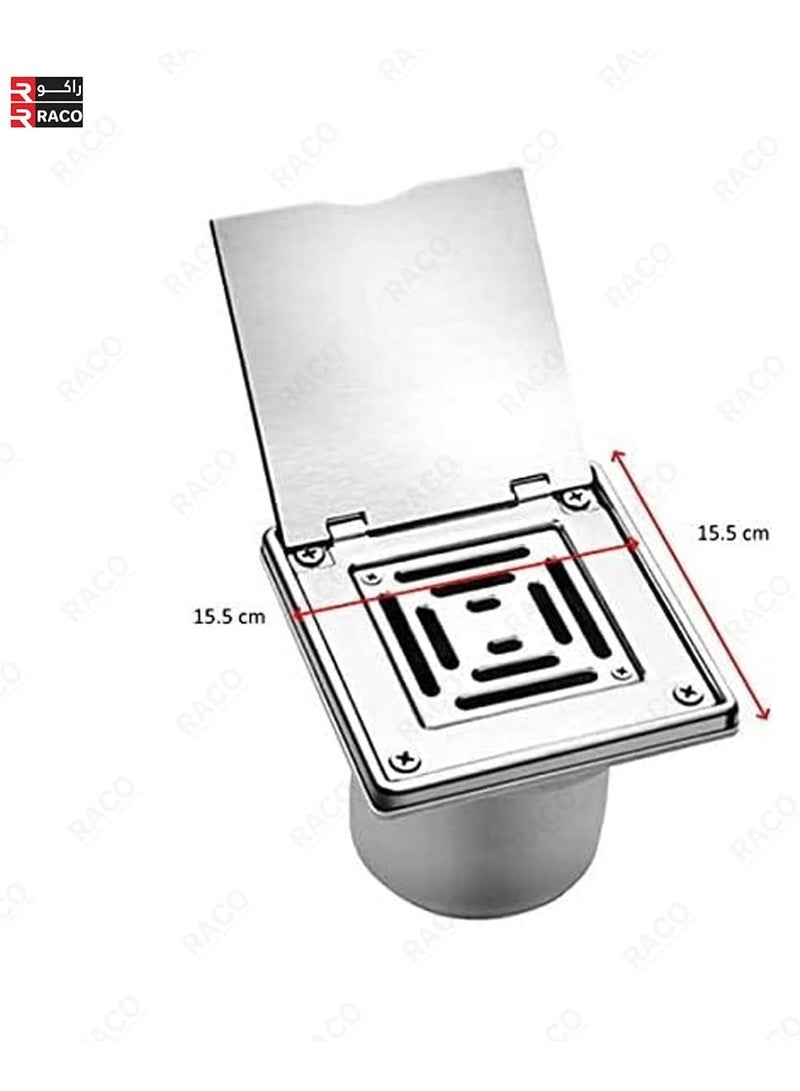 RACO مصرف أرضي من RACO نوع مفصلي SS 150 مم × 150 مم – غطاء مصرف حمام من الفولاذ المقاوم للصدأ مقاوم للصدأ مع تصميم غطاء قابل للفتح بسهولة للتنظيف، مضاد للاحتباس للمياه في الحمام والمطبخ والشرفة - Image 2