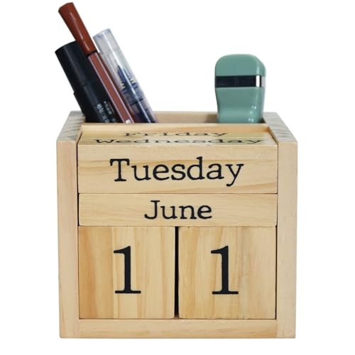 EXQUIDECA Wooden Blocks Perpetual Calendar with Pen Holder - Natural Pine Wood Home Office Desk Organizer -Reusable Date Week Month Accessories Tabletop Ornament - Image 1