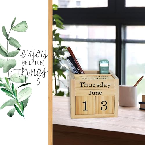 EXQUIDECA Wooden Blocks Perpetual Calendar with Pen Holder - Natural Pine Wood Home Office Desk Organizer -Reusable Date Week Month Accessories Tabletop Ornament - Image 3