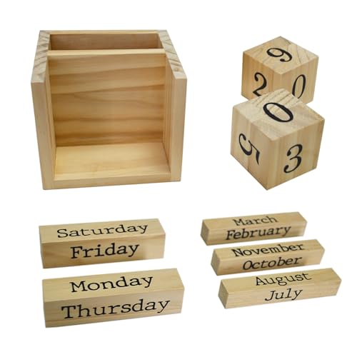 EXQUIDECA Wooden Blocks Perpetual Calendar with Pen Holder - Natural Pine Wood Home Office Desk Organizer -Reusable Date Week Month Accessories Tabletop Ornament - Image 4